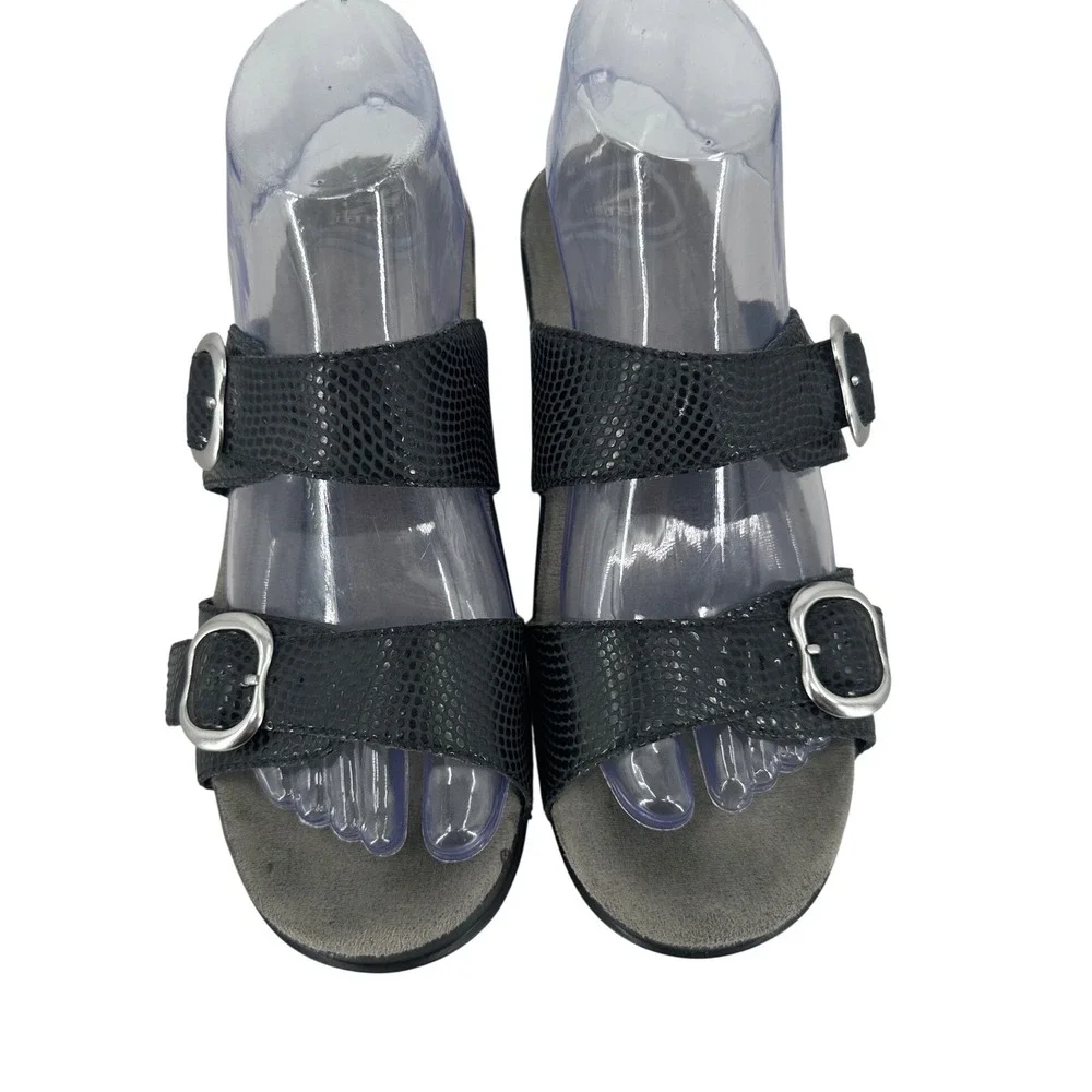Dansko Sophie Black Snake Embossed Leather Wedge Slide Sandals Womens 39 Buckle